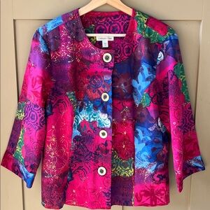 Coldwater Creek Like New Sz 14 Cotton Multicolor Jacket Magenta 3/4 Sleeve Boho